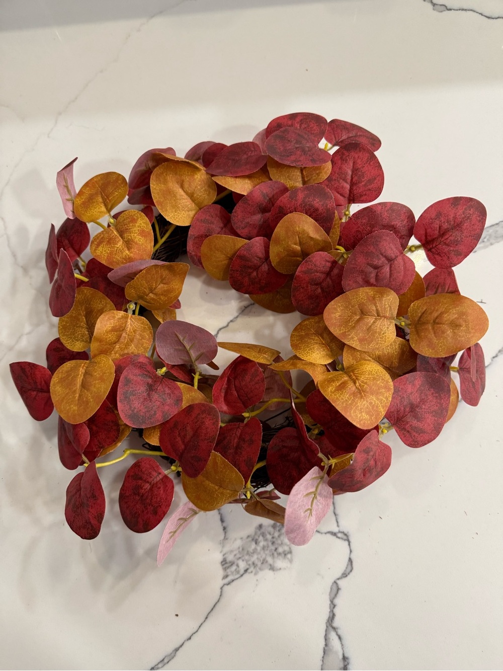 Artificial Leaf Garland Wreath Red Orange Fall Autumn Decor 9-10” wide